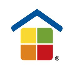 the logo for home care services, which includes a house with a blue roof and two windows