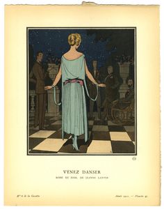 Jeanne Lanvin (French costume designer, 1867-1946); Pierre Brissaud (French illustrator, 1885-1964)1921 photomechanical lithograph with hand-applied color (pochoir) 25.4 cm (height) x 19.1 cm (width)Plate 45 from Gazette du Bon Ton, Volume 2, No. 6, June, 1921See MCAD Library's catalog record for this book.mplus.mnpals.net/vufind/Record/005421110 French Costume, Art Deco Illustrations, Magazine Vogue, Art Deco Illustration, Bon Ton, Dance Art, 1920s Fashion