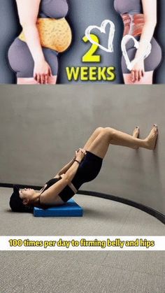 there is a woman doing exercises on the floor and in front of a poster that says 2 weeks