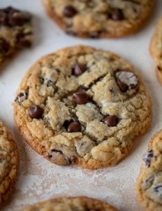 chocolate chip cookies on a baking sheet ready to be eaten