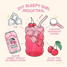 a pink drink with ice and cherries in it, labeled diy sleepy girl cocktail