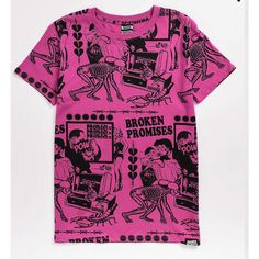 Spice Up Your Graphic Tee Collection With The Alternative Reality Pink And Black T-Shirt From Broken Promises! This Pink Tee Features Allover Black Graphics Throughout Of A Scorpion, A Few Couples Kissing, A Skeleton Crawling Into A Computer. Thank You For Considering Making A Purchase From My Shop! I'm Always Open To Making Deals And Bundles To Help You Save On Your Favorite Items. Feel Free To Browse Through My Collection And Let Me Know Which Items You'd Like To Bundle Together For A Special Skeleton Crawling, Fye Outfits, Alternative Reality, Wonder Woman Shirt, Broken Promises, Black High Waisted Shorts, Funky Outfits, A Skeleton, Blue Tee