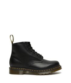 The Dr. Martens® 101 Yellow Stitch boots embodies all the classic clean lines, standout stitching, and edgy attitude of the vintage utilitarian work boot, but in a lower-cut design and a smooth leather construction..Lace-up boots have a smooth leather construction made of a firm, finished leather with a smooth, semi-bright appearance..Six-eyelet boot with sturdy fabric laces for a secure fit..Features classic Doc's DNA including grooved edges, a yellow welt stitch, and a scripted heel loop..Goodyear® welt provides both durability and flexibility..Breathable textile lining..Cushioned insole for long-lasting underfoot support..Air-cushioned rubber outsole is oil, fat, acid, petrol, alkaline resistant and has excellent slip and abrasion resistance..Imported..Product measurements were taken us Rugged Plain Toe Combat Boots For Workwear, Rugged Combat Boots For Work With Plain Toe, Rugged Combat Boots For Workwear With Plain Toe, Rugged Combat Boots For Workwear, Rugged Ankle Combat Boots For Work, Winter Boots With Rubber Sole For Everyday Use, Everyday Winter Boots With Rubber Sole, Casual Steel Toe Moto Boots For Fall, Classic Lace-up Martin Boots For Fall