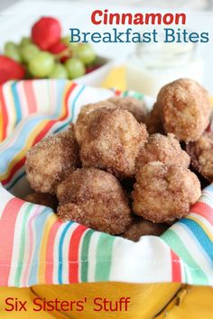 cinnamon breakfast bites are in a bowl on a table