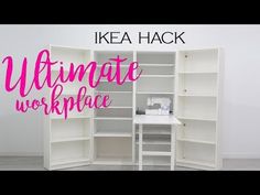 an open bookcase with the words ikea hack ultimate work space