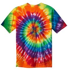 a colorful tie - dyed t - shirt is shown on a white background with the word,