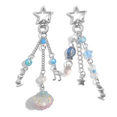 two silver earrings with charms hanging from it's sides and stars on the side