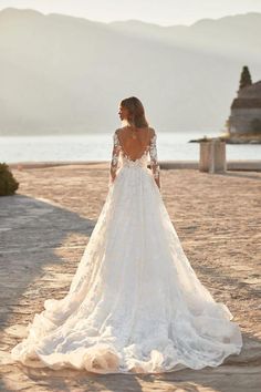 a woman in a wedding dress is standing on the beach with her back to the camera