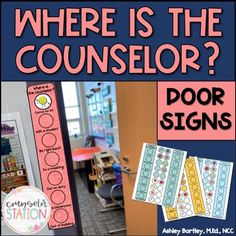 "Cute and functional \"Where is the Counselor?\" printable door signs for your school counseling office will help colleagues know whether or not they can enter your office and where to find you when you are out of your office. Your download includes directions for assembly, 4 color sign options (each with a flattened version and an editable version) and 1 page with an editable white version for changing the color of the shapes and the wording in the text boxes. Your zip-file includes a 10-page P Elementary School Counselor Office, Counselor Door Sign, Counselor Door, Guidance Office, School Counseling Office, School Counselor Office, Office Door Signs, Elementary School Counselor, School Counseling Lessons