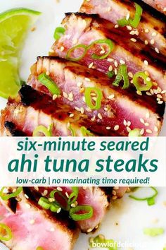 the cover of six minute sealed ah tuna steaks with sesame seeds and green onions