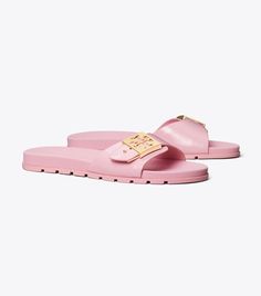 Buckle Slide: Women's Designer Sandals | Tory Burch Spring Slides With Rectangular Buckle Closure, Casual Slip-on Slides With Tang Buckle, Casual Tang Buckle Slip-on Slides, Beach Slides With Tang Buckle, Casual Spring Slides With Tang Buckle, Luxury Summer Slides With Tang Buckle, Luxury Spring Slides, Pink Slides With Buckle Closure, Footwear Design Women