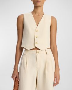 A.L.C. "Maxwell" suiting vest in a linenblend     V neckline    Sleeveless    Cropped fit    Cutaway hem    Buttonfront    Linen/viscose/elastane    Lining: Cotton/polyester    Dry clean    Imported Denim Sweater Jacket, Versace Dress, Outerwear Vest, Vest Outfits, V Shape