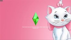 a white cat with a pink bow on it's head standing next to a green diamond