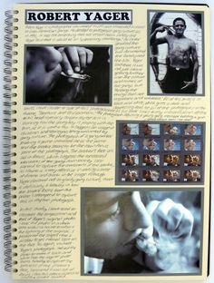 a page in a notebook with photos and writing on it that include images of men