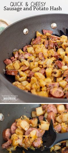 two pictures of food being cooked in a skillet, and then fried with sausage and potato hashbrowns