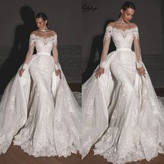 two photos of a woman in white wedding gowns, one is wearing a long sleeved dress and the other has a train