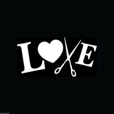 the word love is written in white on a black background with scissors and a heart