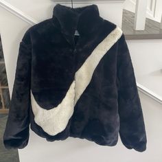 Nike Faux Fur Jacket Brand New With Tags Never Worn Black With White Swoosh Soft Fur Size Small Oversized Nike Cozy Winter Outerwear, Red Fleece Jacket, Nike Half Zip, Hoodie Jacket Women, Tech Hoodie, Half Zip Jacket, Womens Windbreaker, Athleisure Casual, Woven Jacket