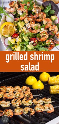 grilled shrimp salad with corn on the cob and lemon wedges for garnish