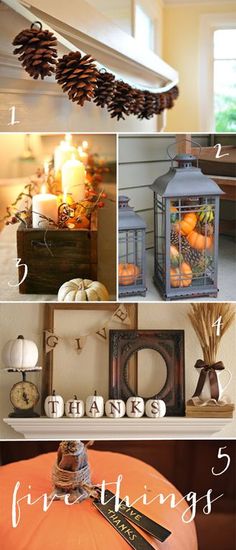 a collage of photos with pine cones, candles and other things to decorate for fall