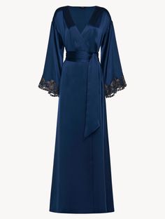 Blue long silk robe with frastaglio Luxury Satin Gown, Luxury Long Sleeve Silk Gown, Luxury Satin Dress With Lace Trim, Luxury Silk Wedding Gown, Luxury Gown For Ceremonies, Elegant Satin Dress For Ceremony, Elegant Evening Robe, Floor-length, Elegant Floor-length Evening Robe, Elegant Evening Floor-length Robe