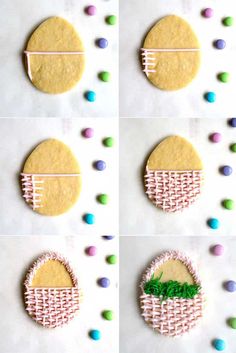 four pictures showing how to decorate cookies with icing and colored candies on them