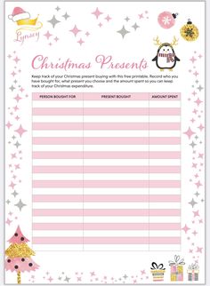 a christmas present list with pink and silver stars on the bottom, and a penguin holding a