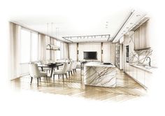 a drawing of a dining room and kitchen area with marble counter tops, white chairs and an island in the middle