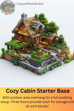 an image of a house made out of plants and trees with text that reads cozy cabin starter base