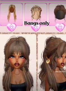 an animated girl with long hair and bangs on her head is shown in three different ways