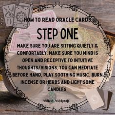 a wooden table topped with lots of different types of cards and text that reads, how to read oracle cards step one