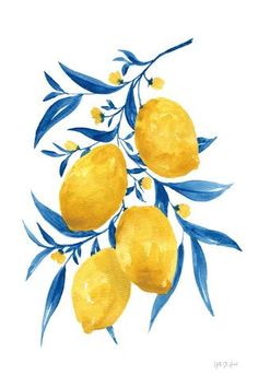 a painting of lemons on a branch with leaves