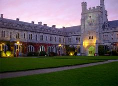 a large building with lots of windows next to a lush green field at night time