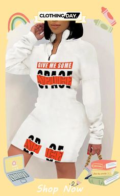 Black Fashion Casual Print Letter Zipper Collar Long Sleeve Dress White Dress Classy, Yellow Long Sleeve Dress, Printed Dresses Fashion, Crochet Beach Wear, Plus Size Fashionista, White Fashion Casual, Products Ideas, Stylish Women Fashion, White Long Sleeve Dress