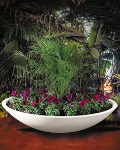 a large white bowl filled with lots of flowers