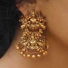 Traditional Goddess Laxmi Lakshmi Gold Jhumka Temple Indian | Etsy India Temple Jhumkas Earrings, South Indian Earrings, Laxmi Goddess, Temple Indian, Unique Wedding Earrings, Oxidised Jewelry, Earring Indian, Temple Jewellery Earrings, Goddess Earrings