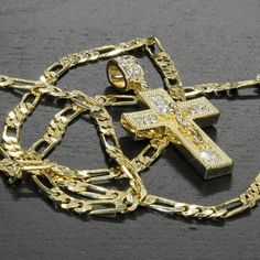 Brand New! Contains Real 14k Gold Plating And Is 24" In Length! Yellow Gold Cross Jewelry With Figaro Chain, 14k Gold Cross Figaro Chain Jewelry, Spinner Wedding Rings, Reaper Art, Gold Tungsten Wedding Bands, Wood Resin Necklace, Fish Hook Necklace, Rose Gold Tungsten, Jesus Cross