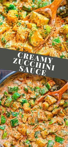 creamy zucchini sauce in a skillet with a wooden spoon on the side