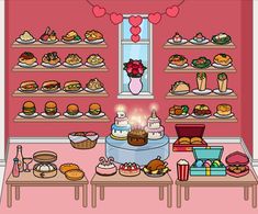 a room filled with lots of cakes and cupcakes