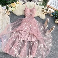 Cute A line Sleeveless Sequin Tulle Dress Beach Summer Holiday Dress P255Fabric: blendedColor: AS PHOTOSize(cm): One SizeSkirt length 122cm including suspenders Bust 90cm with chest pad Waist 60-80cm Mesh Party Dress, Pink Spaghetti, Prom Dress Long, Corset Dress Prom, Vintage Corset, Suspender Dress, Fairy Dress, Lace Fashion, Evening Party Dress