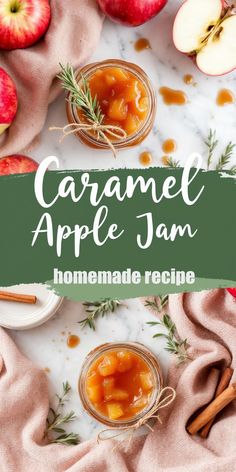 homemade caramel apple jam recipe with apples and cinnamon on the side