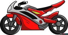 a red and black motorcycle is shown on a white background in this cartoon style illustration