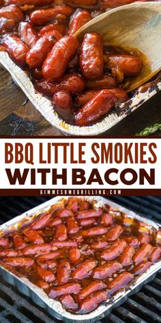 This BBQ Little Smokies with Bacon recipe is one of the best New Year's Eve food ideas! This recipe requires only five ingredients. The result is flavorful food for your appetizer menu. Save this BBQ little smokies recipe for later! Lol Smokies Recipe, Bbq Apps, Cocktail Sausage Recipes, Lil Smokies Recipes, Cookout Foods, Bbq Little Smokies, Crockpot Favorites, Little Smokies Recipes, Bbq Foods