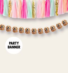 a party banner with poodles and tassels on the side, along with streamers