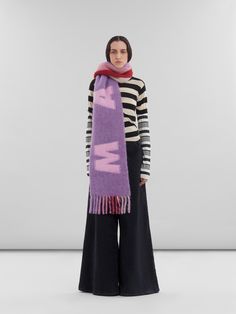 Wide scarf crafted from a soft mohair and alpaca blend. Contrast reverse and dégradé fringes. Maxi Marni lettering. Flat Heel Boots, Logo Scarves, Lacing Sneakers, Women Essentials, Wool Scarf, Womens Scarves, Denim Women, Women Collection, Alpaca