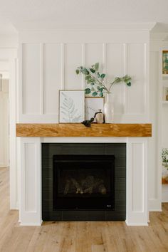 a fireplace with white paint and wood trimmings in a living room, including a plant on the mantel