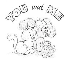 a drawing of two dogs and a cat with the words you and me