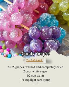 20-25 grapes, \n2 cups sugar,\n1/2 cup water, \n1/4 cup corn syrup\nInsert a skewer into each grape. \nCombine sugar, water & syrup, cook to 300F. \nStir in white gel food coloring & flavored oil. \nDip grapes & roll in sprinkles. \nDry 15 minutes or refrigerate 10 min.\n#Glutenfree #Veganfriendly #CustomizedGifts #FoodDecor #PartyTreats #SweetDelights Desert Shells Recipes, Grape Snacks, Candied Grapes Recipe, Dolly Party, Candied Fruit Recipes, Candied Grapes, Candy Grapes, Hard Candy Recipes, Caramel Apples Homemade