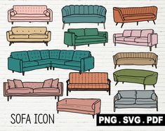 sofas and couches in different colors on a white brick wall with the words sofa icon