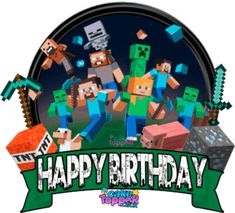 an image of a happy birthday card with minecraft characters